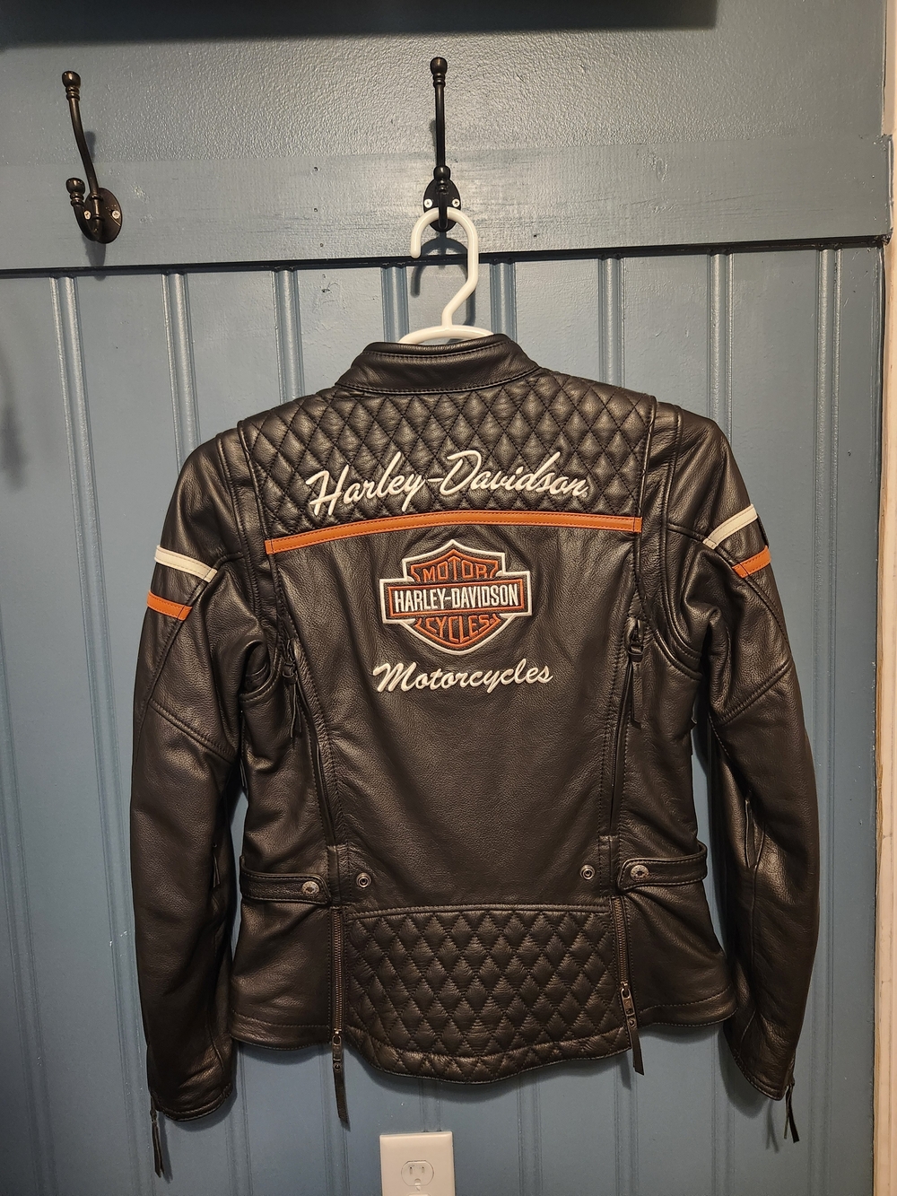 Harley-Davidson Black Quilted Leather Jacket with Orange and White Accents